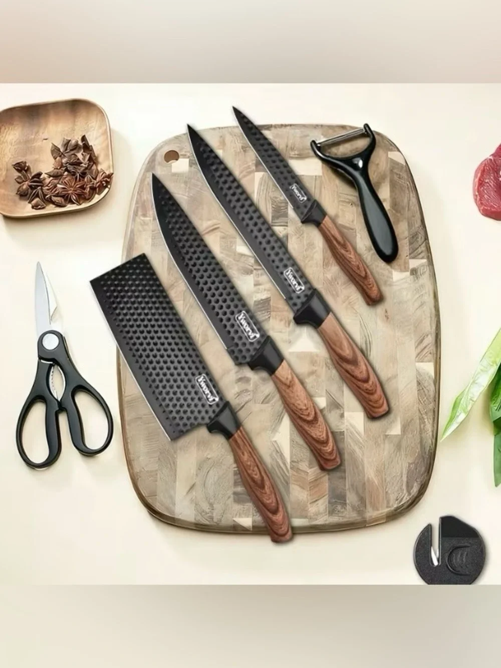 Set of 7 Kitchen Knives w/Sharpener, Peeler & Scissors